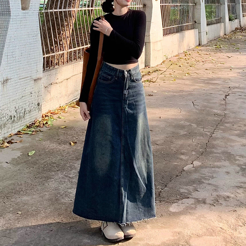 High-Waisted Frayed Denim Skirt Women's Casual A-Line Midi Denim Skirt