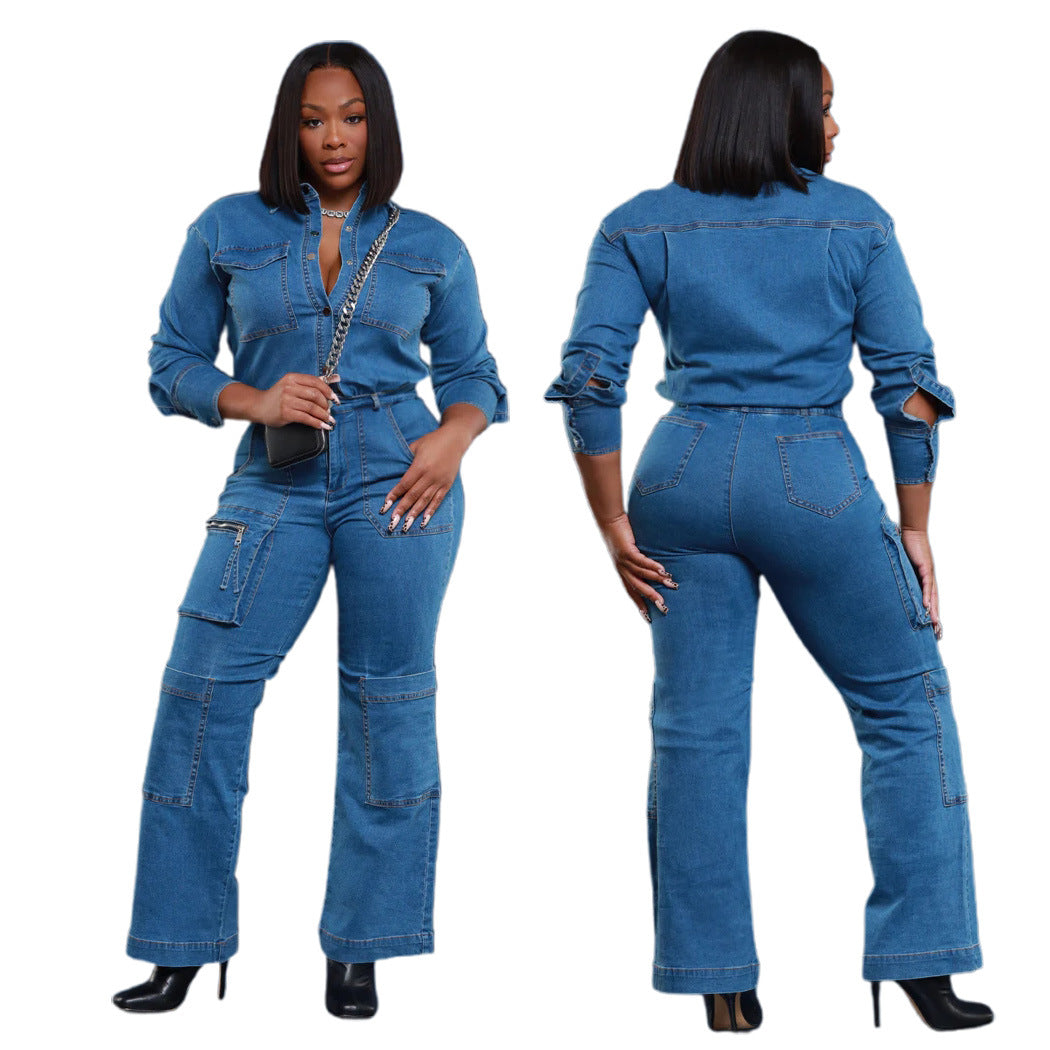 Loose elastic long sleeved workwear denim jumpsuit