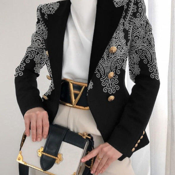 Fashion Style Pattern Style +Sleeve Length  Closure Type  Silhouette  Type of Clothing  Print  Long Sleeve  Double-Breasted  Fitted Short  Women's Blazer