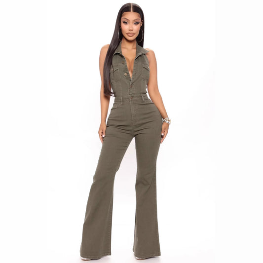 Women's denim high stretch sexy backless lapel workwear pants