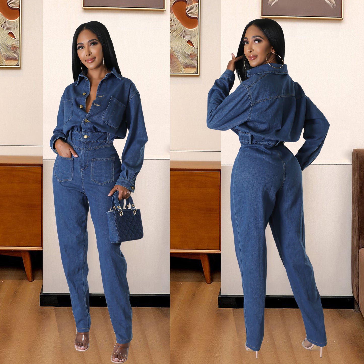 Slim fit elastic wash denim pocket jumpsuit