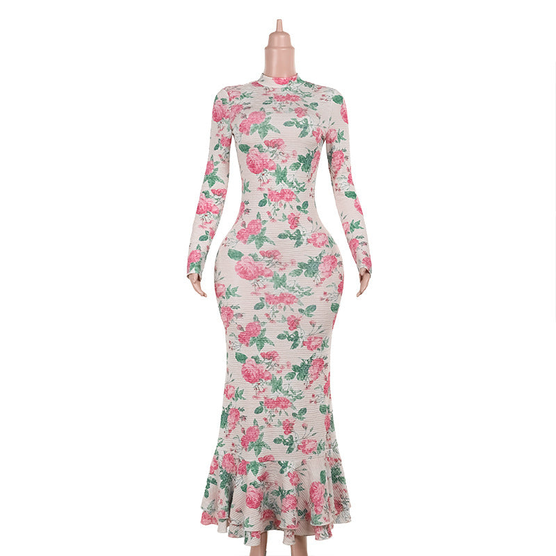 Long Sleeve Fitted Long Floral Dress for Women