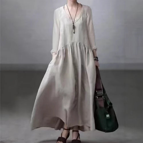 Long Sleeve V-Neck Cotton Linen Tank Dress Women's Casual Solid Color Loose Long Dress