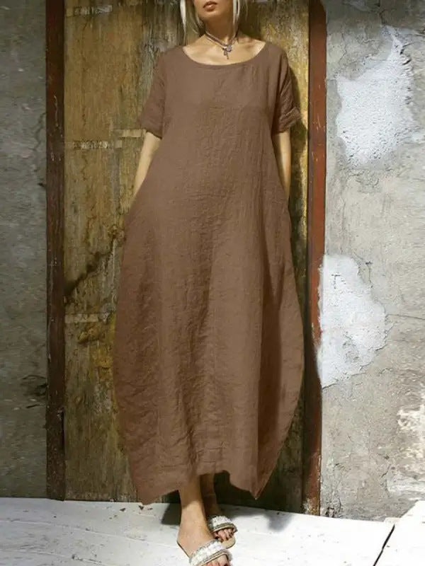 Women's Loose Plus Size Solid Color Round Neck Short Sleeve Waist Belt Slit Dress