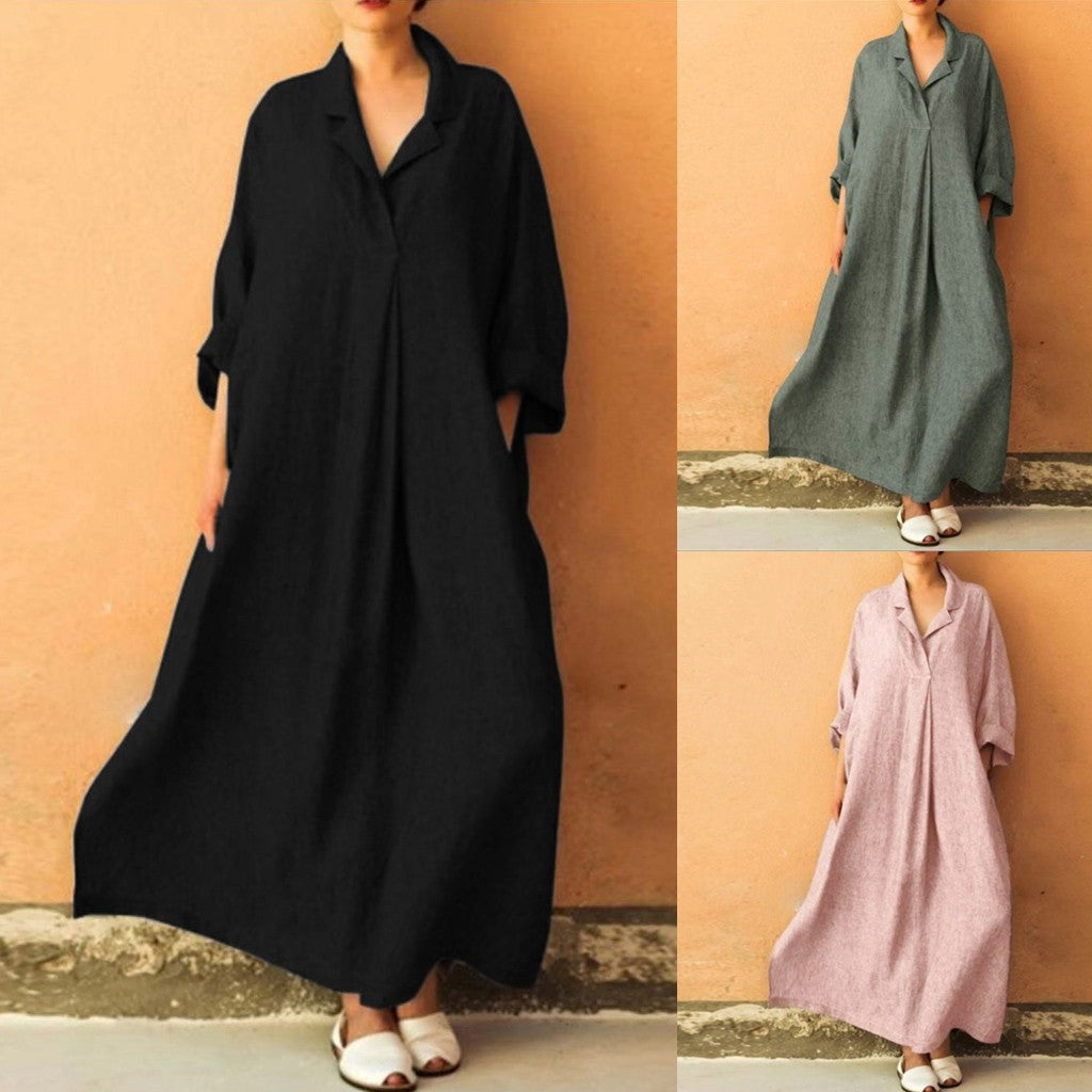 Women's Long Sleeve Loose Plus Size Shirt Dress Bohemian Ankle-Length Dress
