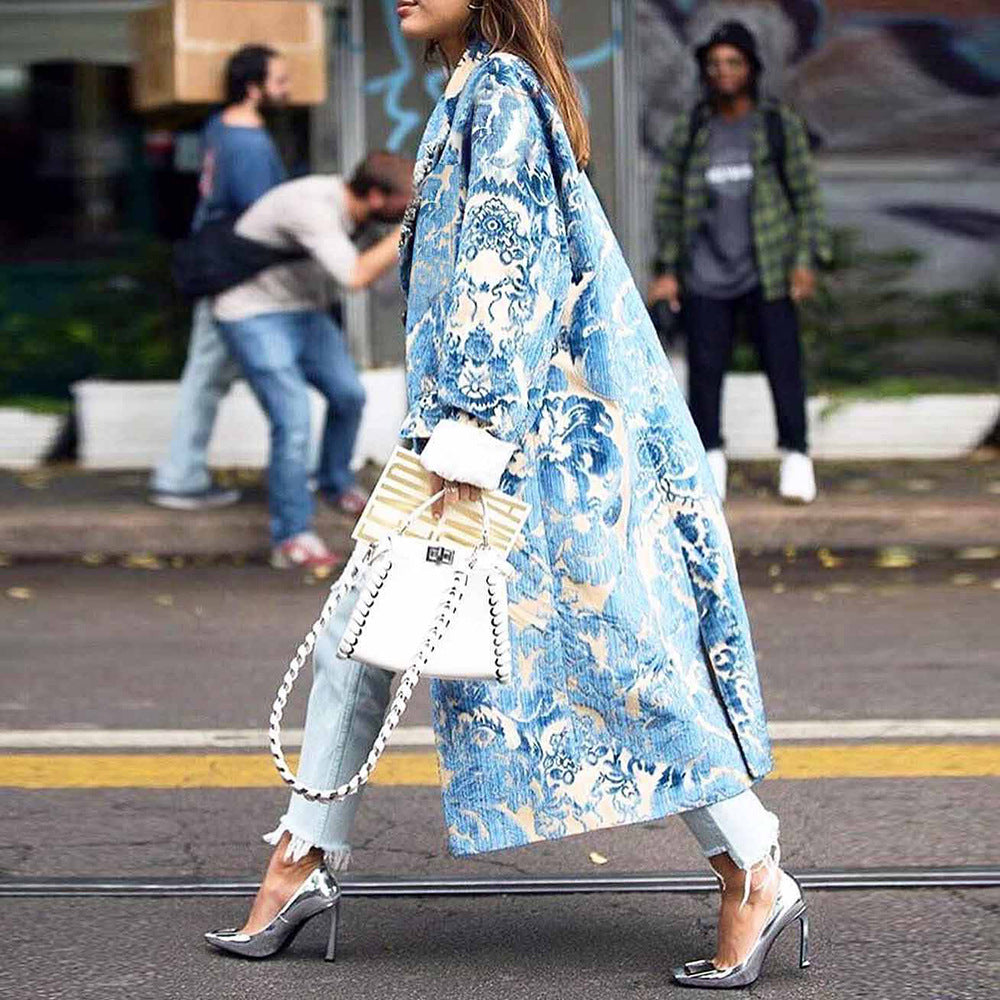 Autumn Women's Long Sleeve Lapel Coat Printed Woolen Coat
