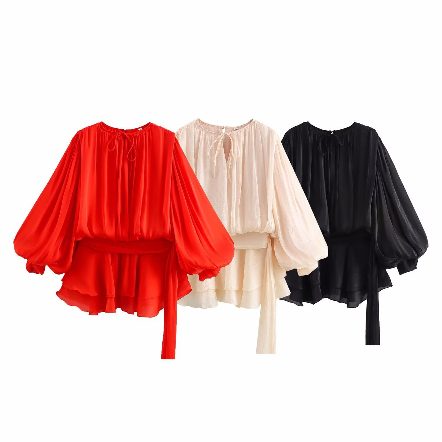 Round neck lantern sleeve lace up solid color dress for women
