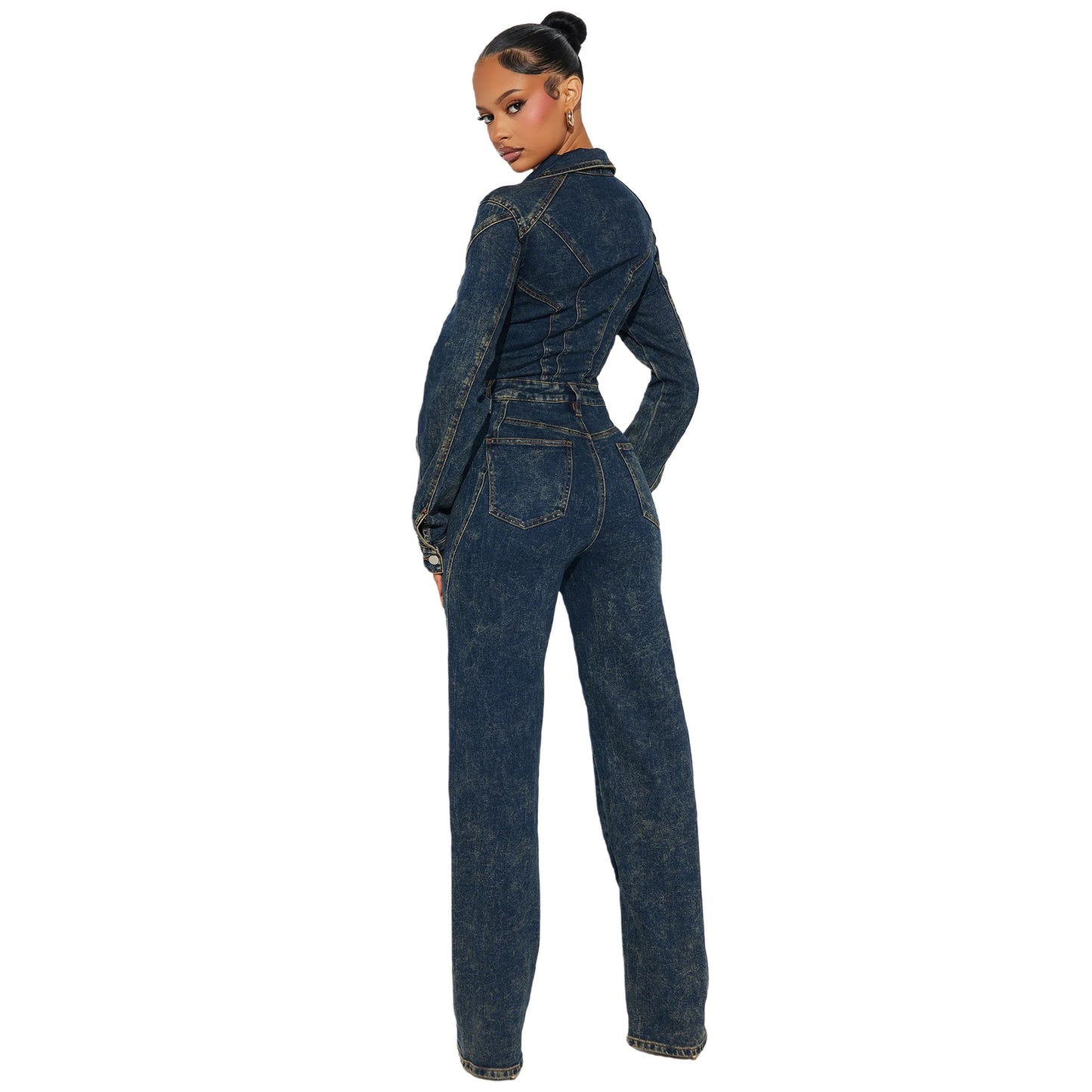 Loose elastic long sleeved denim jumpsuit