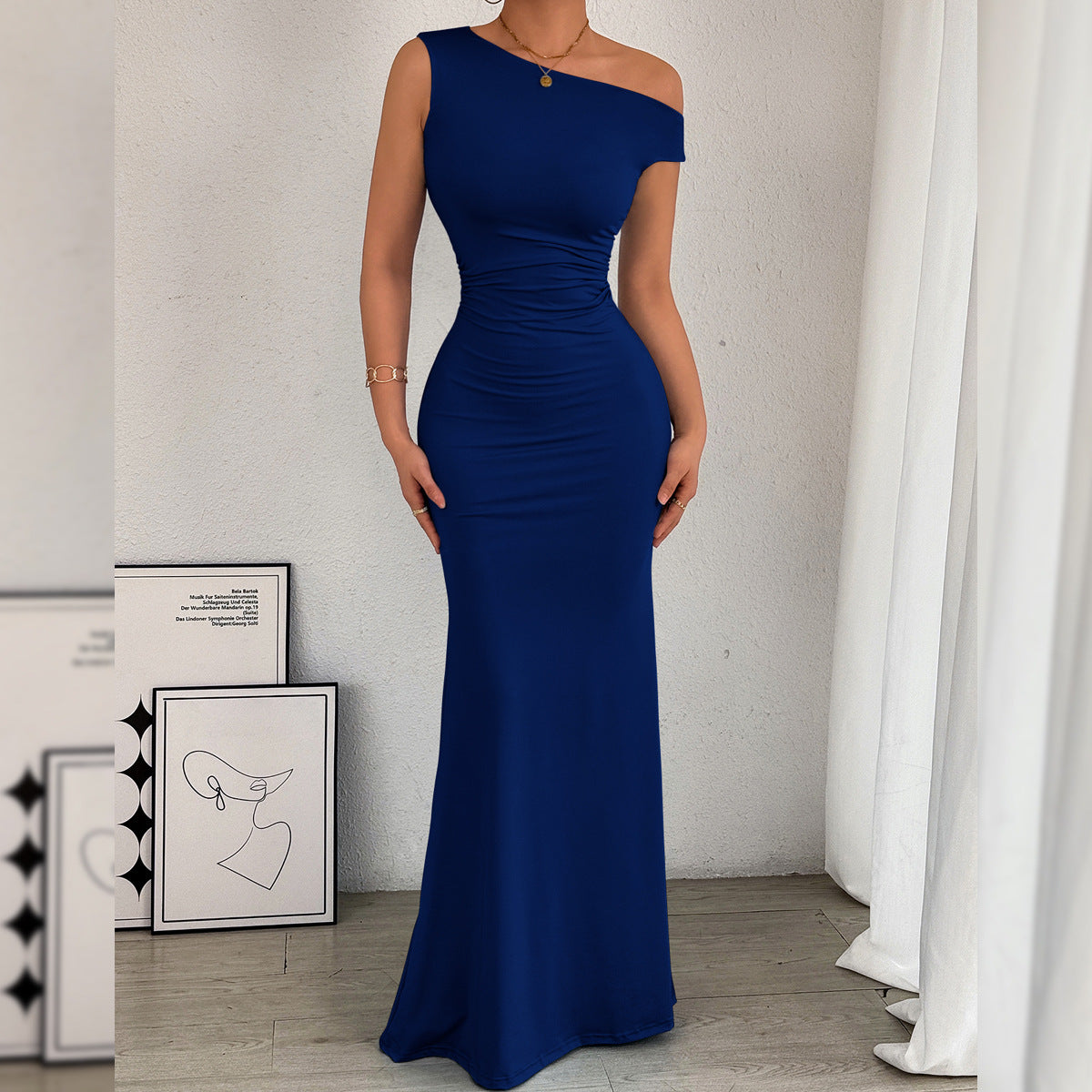Women' Oblique Shoulder Neckline Waist Pleated Sleeveless Sexy Dress