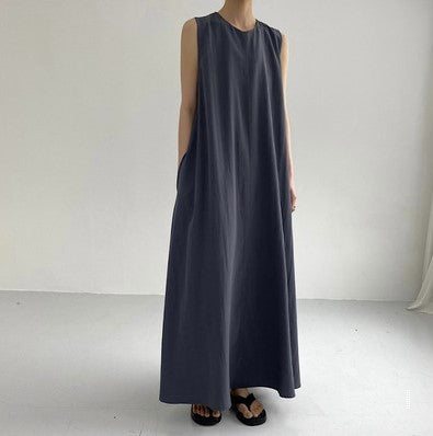Loose Fit Sleeveless Pumpkin Color Long Cotton Linen Dress