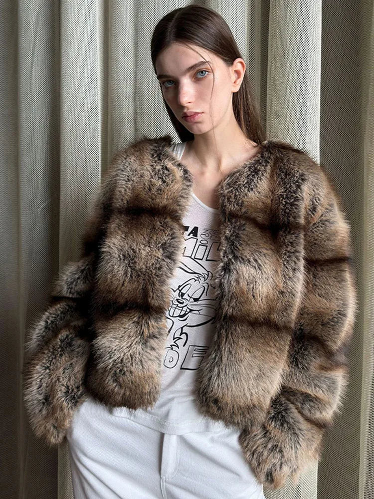 Gradient Striped Faux Mink Fur Coat Maillard Lazy Style Eco-Friendly Long Fur Commute Loose Fashion Warm Women Coats Outwear