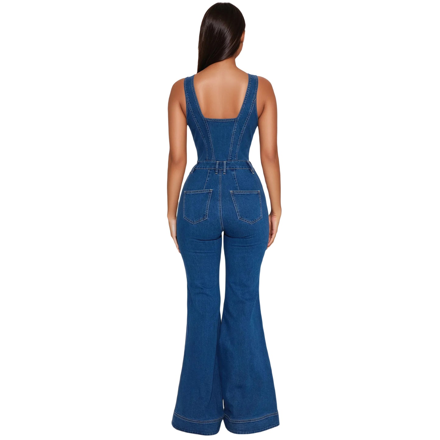Strap denim jumpsuit flared pants
