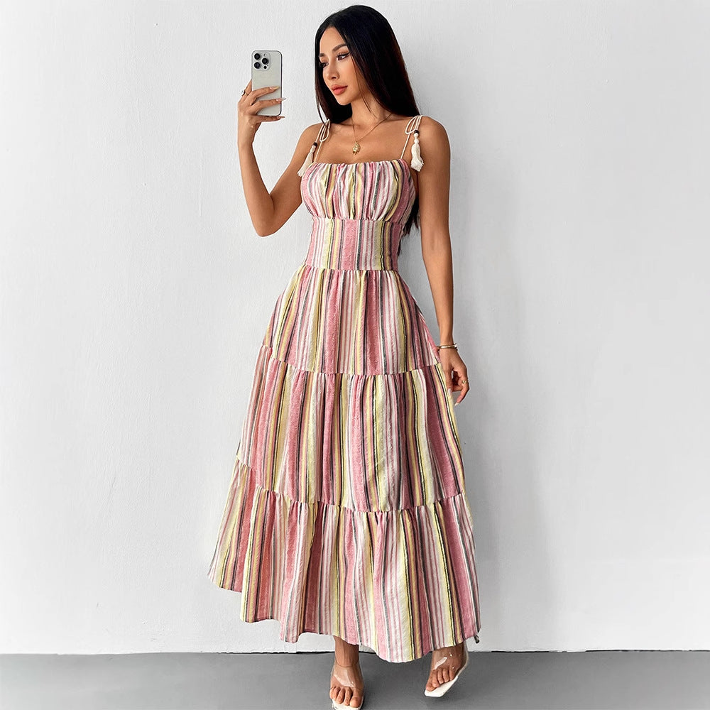 Stripe Charm Strapless Spliced Flared Long Dress for Women