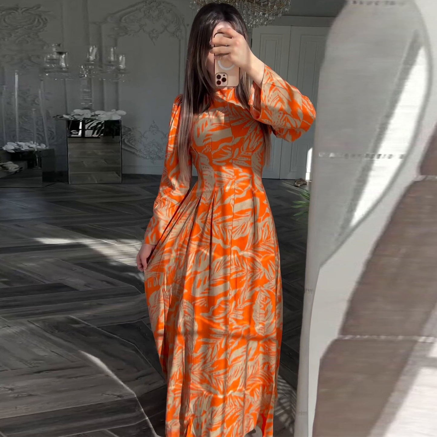 Elegant Long Sleeve High Waist Fitted Flared Dress
