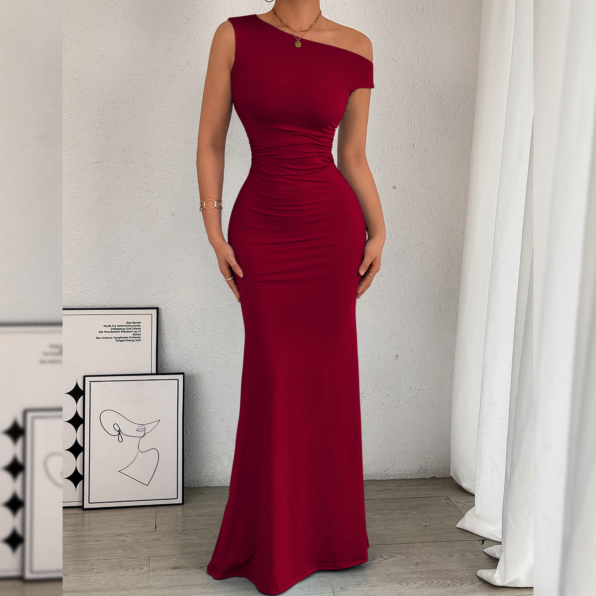 Women' Oblique Shoulder Neckline Waist Pleated Sleeveless Sexy Dress