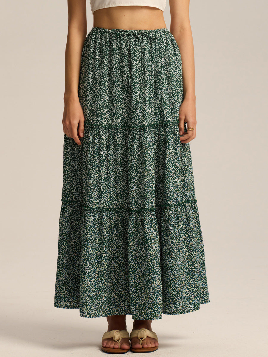 Women's high waisted elastic pocket long skirt with adjustable lace up skirt