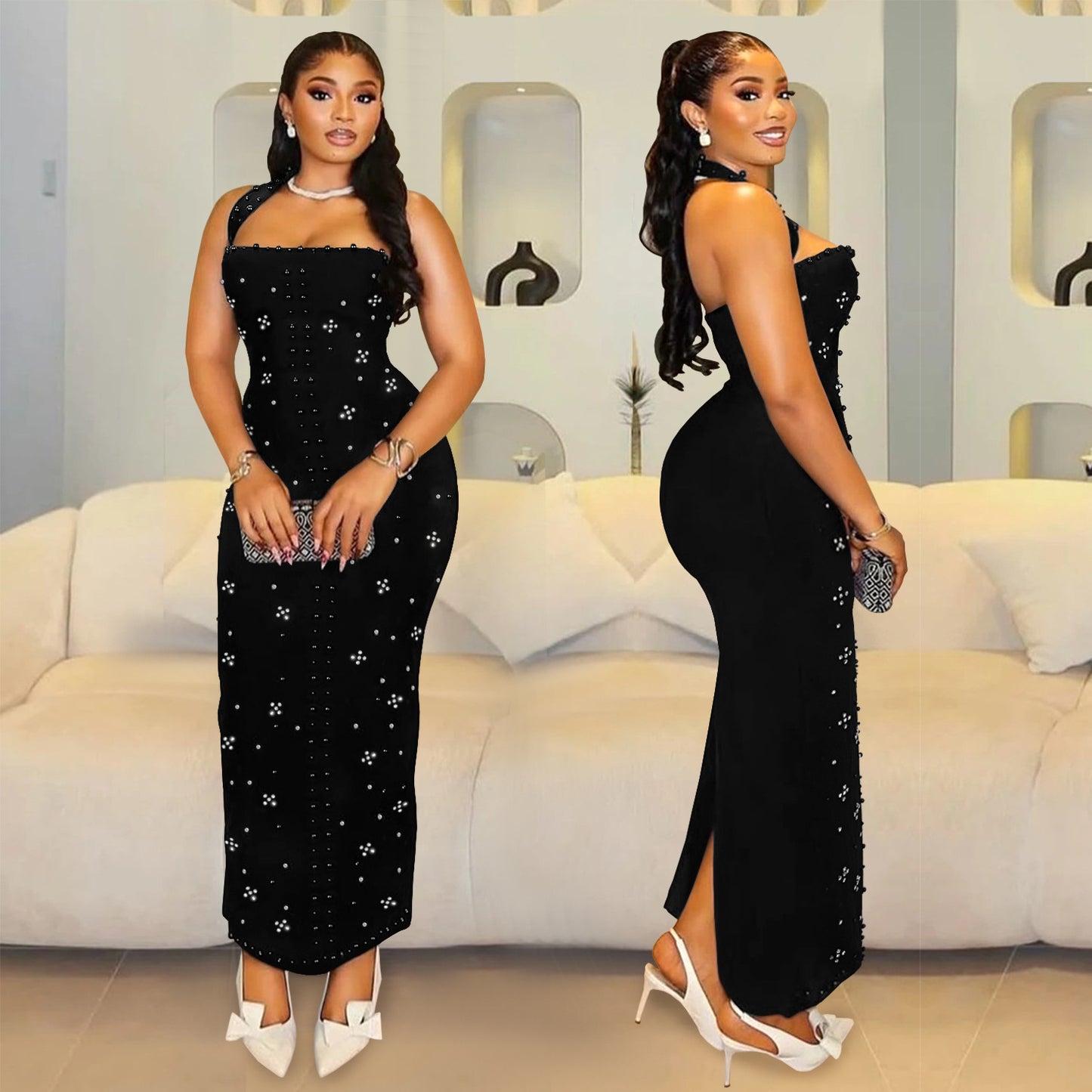 Women's Off-the-Shoulder Rhinestone Beaded Fitted Bodycon Dress