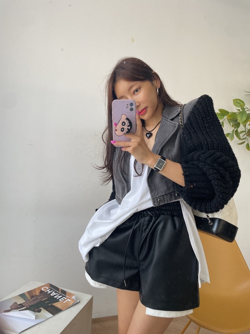 Autumn design sense splicing knitted sleeves loose niche casual jacket short denim jacket