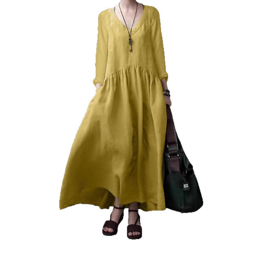 Long Sleeve V-Neck Cotton Linen Tank Dress Women's Casual Solid Color Loose Long Dress