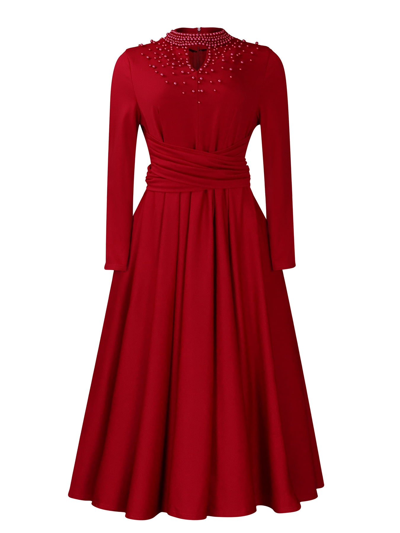 High Neck Flared Dress with Waist Gathering for Women