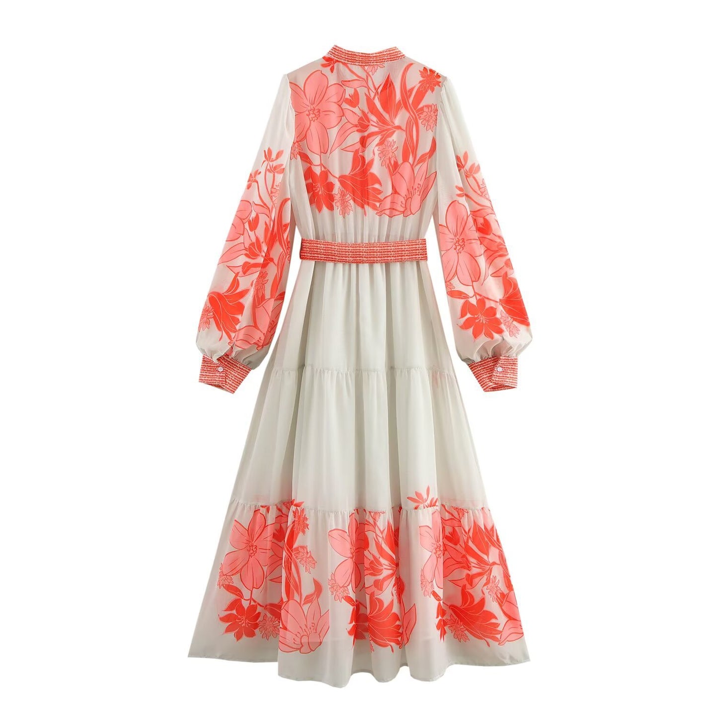 V-neck long sleeved printed waistband A-line dress for women