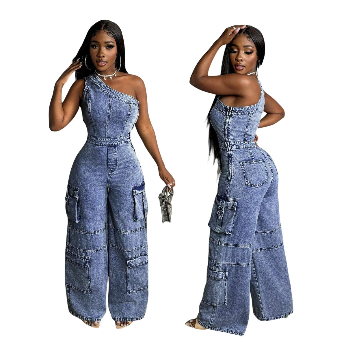 Slanted shoulder tight waist slim fit elastic wash denim jumpsuit
