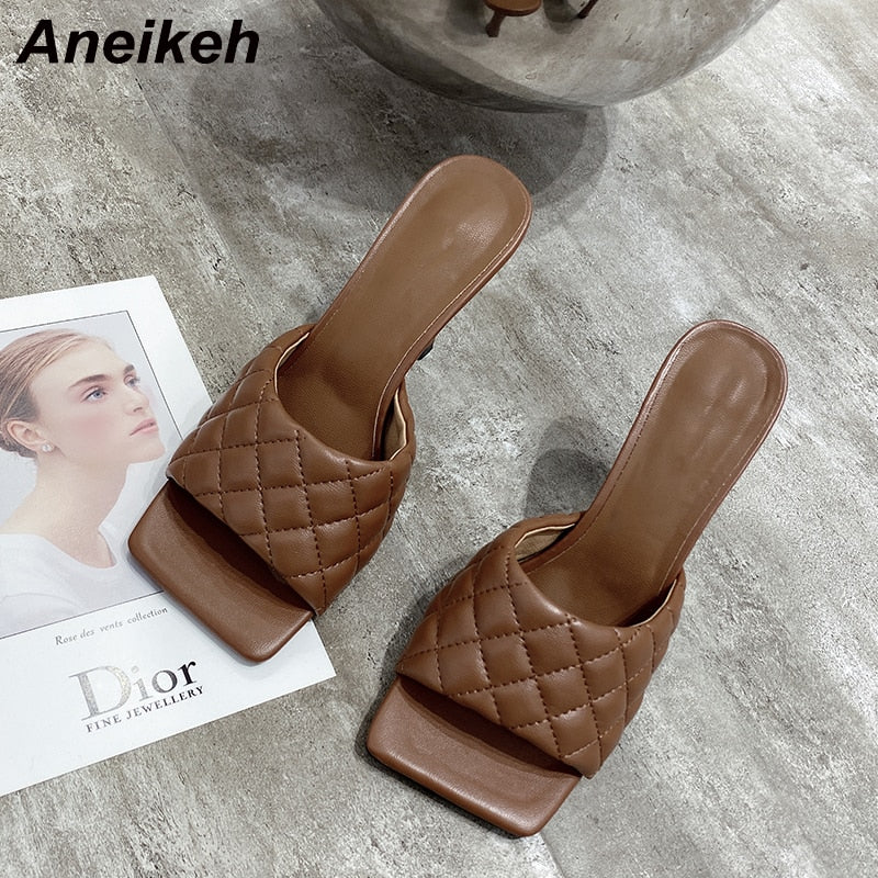 Aneikeh NEW Sexy PU Diamond Square Head Peep Toe Thin High Heels Slippers Summer Fashion Slip On Slides Women Mules Party Shoes
