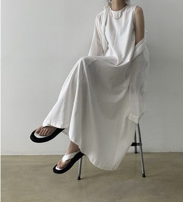 Loose Fit Sleeveless Pumpkin Color Long Cotton Linen Dress