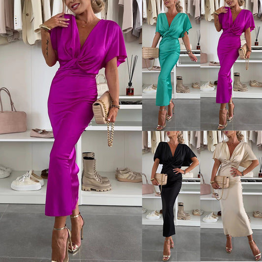 Color Satin Twist Chest Batwing Sleeve Dress Loose Vacation Dress for Women