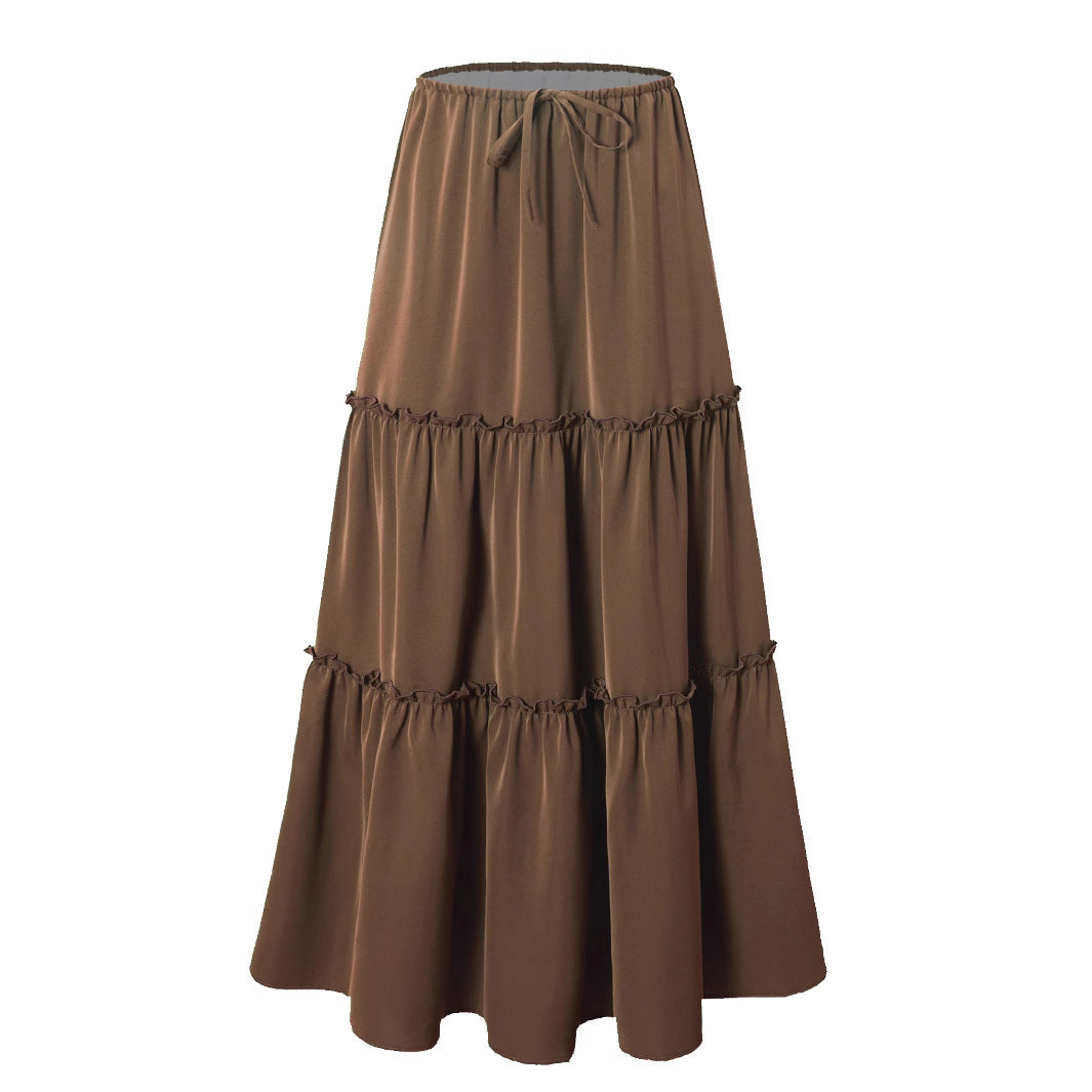 Women's high waisted elastic pocket long skirt with adjustable lace up skirt