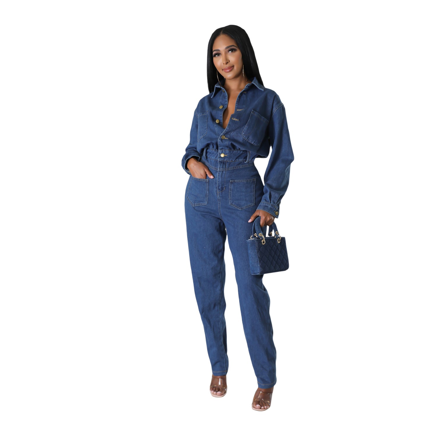 Slim fit elastic wash denim pocket jumpsuit