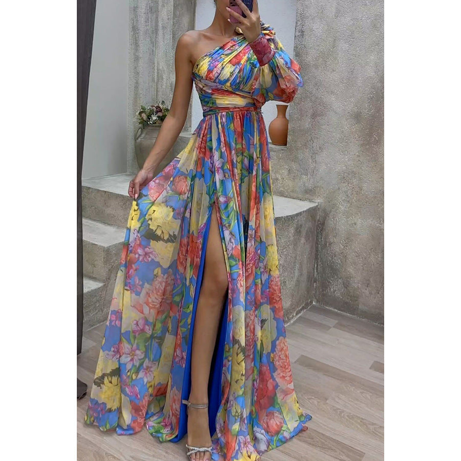 Casual Slit Dress for Autumn/Winter Gatherings INS Loose Multi-Color Off-the-Shoulder Dress
