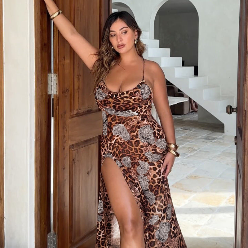 Women's Sexy Leopard Print Strapless Long Dress Deep V Slit Design Dress