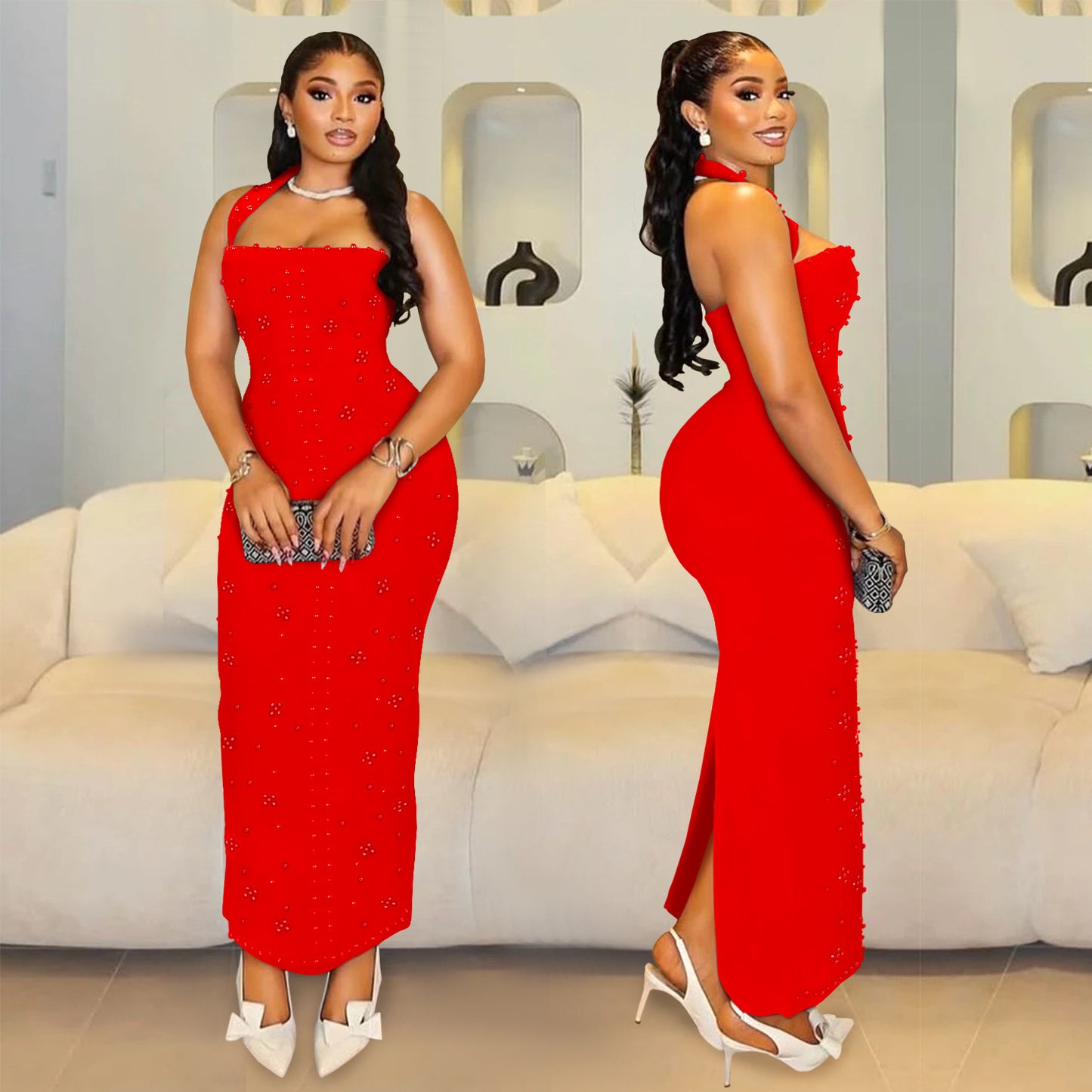 Women's Off-the-Shoulder Rhinestone Beaded Fitted Bodycon Dress