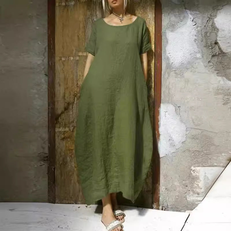 Women's Loose Plus Size Solid Color Round Neck Short Sleeve Waist Belt Slit Dress
