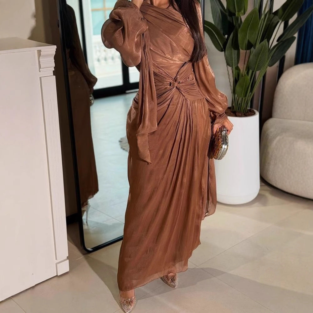 Wrinkled Ribbon Shiny Evening Dress