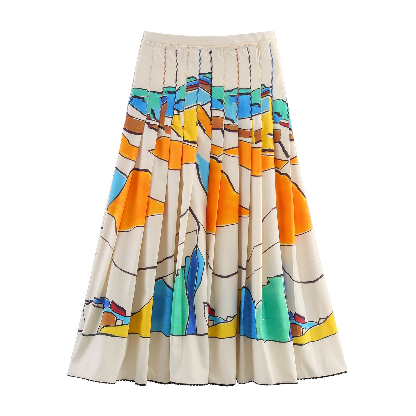 Wide pleated mid length printed skirt for women