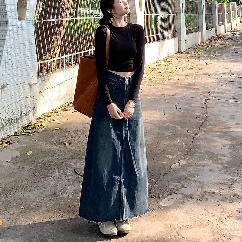 High-Waisted Frayed Denim Skirt Women's Casual A-Line Midi Denim Skirt