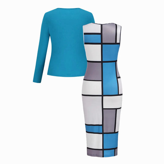 Color Block Plaid Sleeveless Round Neck Dress with Solid Color Long Sleeve Jacket