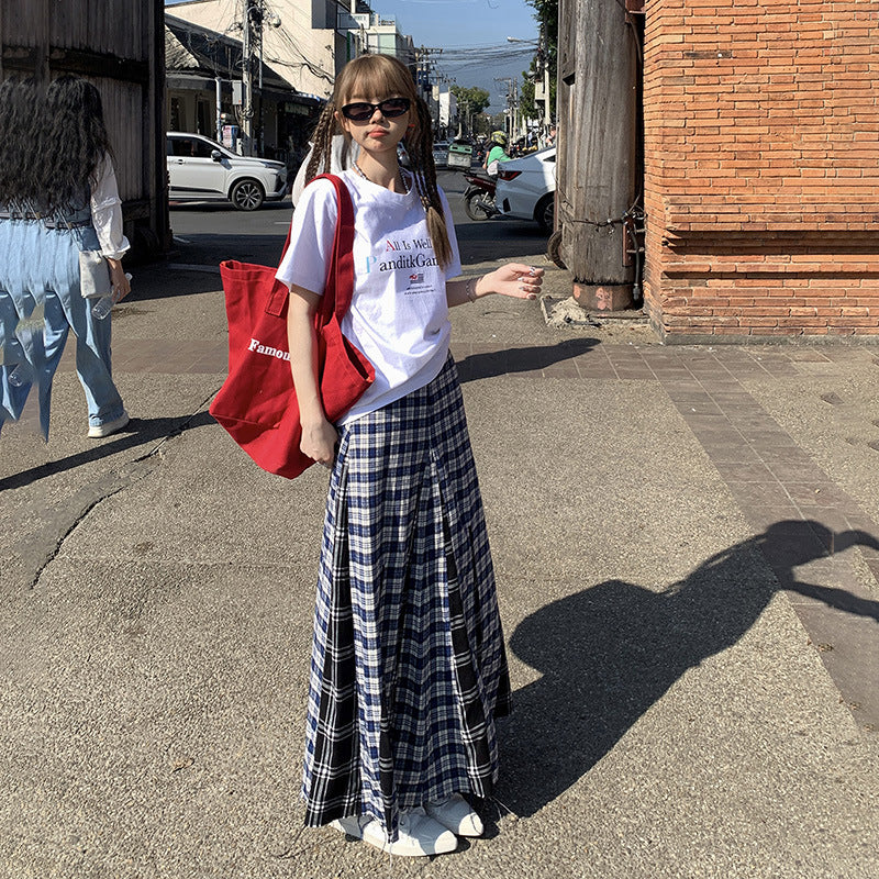 Plaid High-Waist A-Line Midi Skirt with Frayed Hem and Pleats