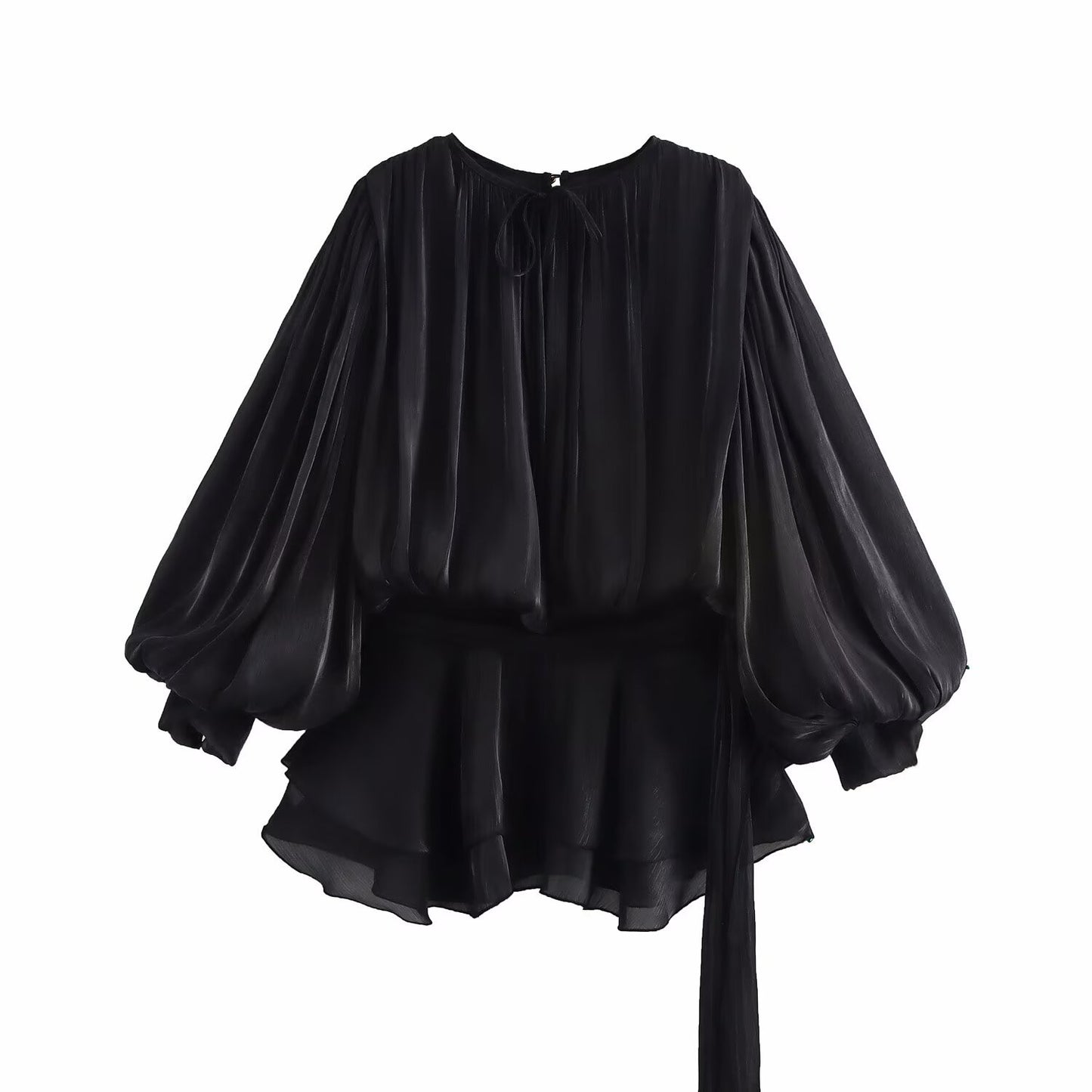 Round neck lantern sleeve lace up solid color dress for women