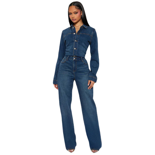 Slim fit elastic long sleeved denim jumpsuit