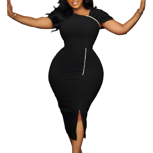 Hip hugging nail bead high waisted dress