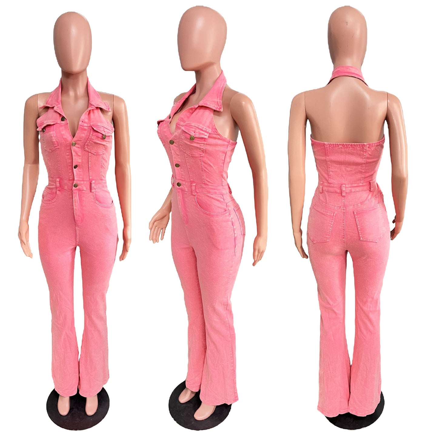 Women's denim high stretch sexy backless lapel workwear pants