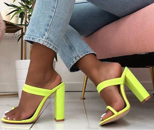 Eilyken Summer Slippers Sandals Flip Flop Square heel Stretch Fabric Hollow Women Shoes Sexy Slippers Pumps Fluorescent green