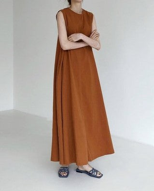 Loose Fit Sleeveless Pumpkin Color Long Cotton Linen Dress