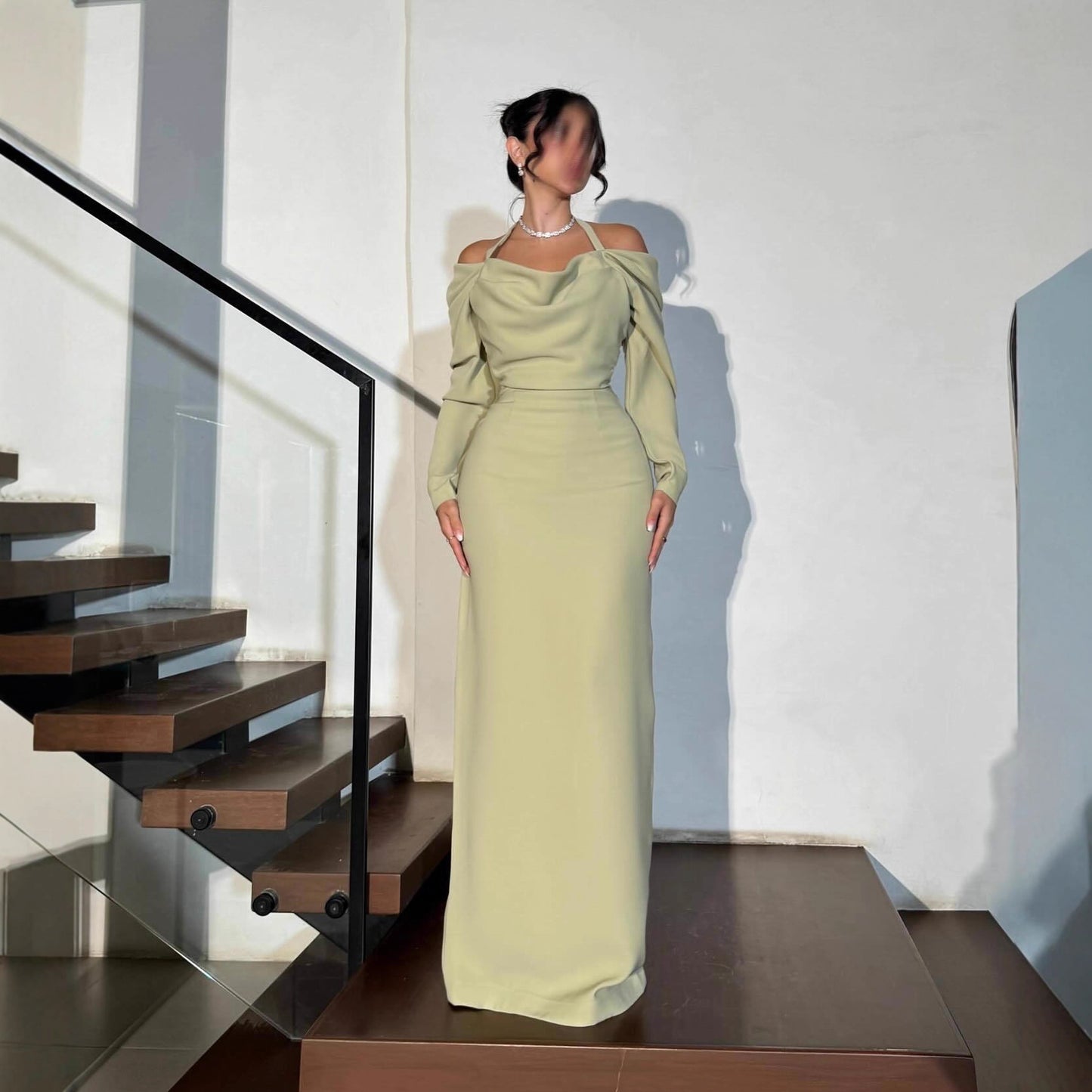 Sexy One-Shoulder Halter Neck Tie-Up Long Sleeve Party Dress