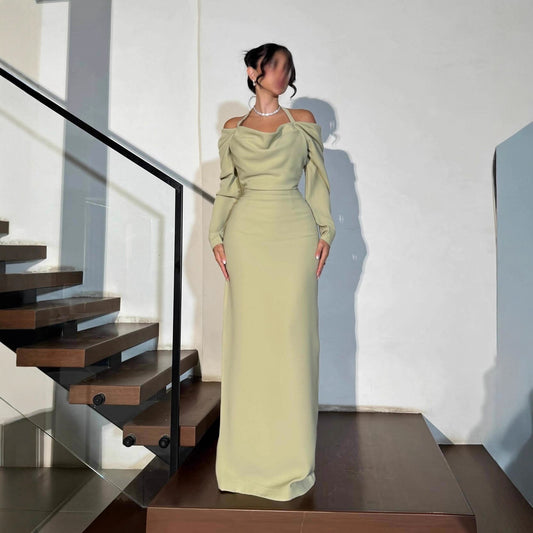 Sexy One-Shoulder Halter Neck Tie-Up Long Sleeve Party Dress