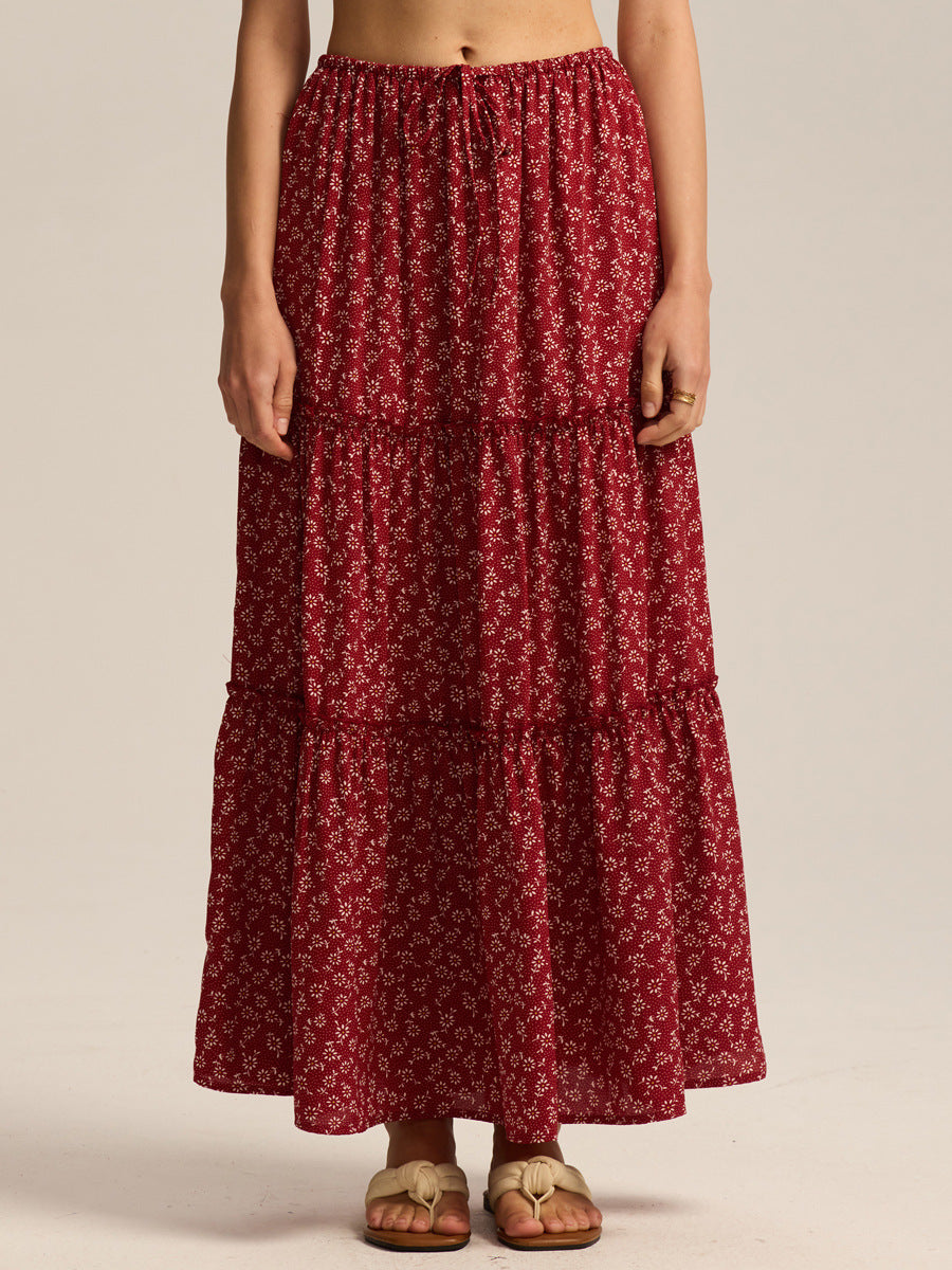 Women's high waisted elastic pocket long skirt with adjustable lace up skirt