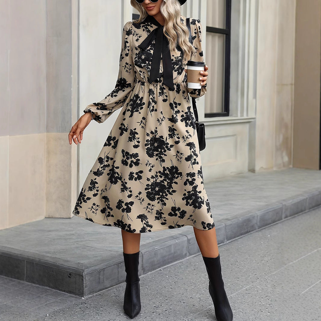 Floral long sleeved collar tied A-line skirt dress